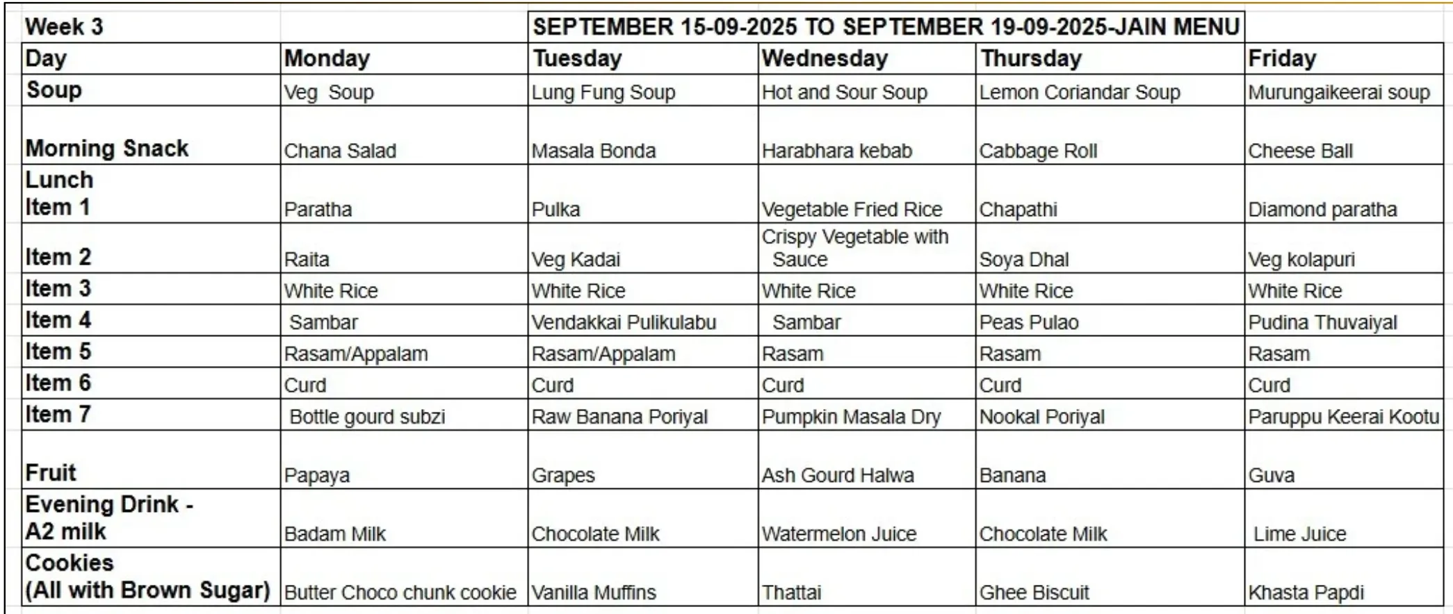 Weekly Jain Cafeteria Menu