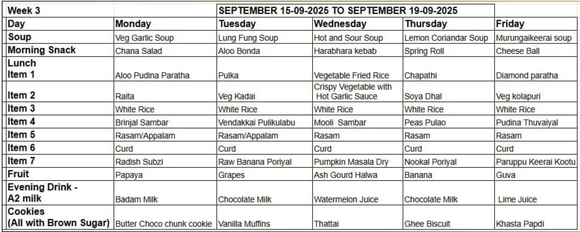 Weekly Cafeteria Menu